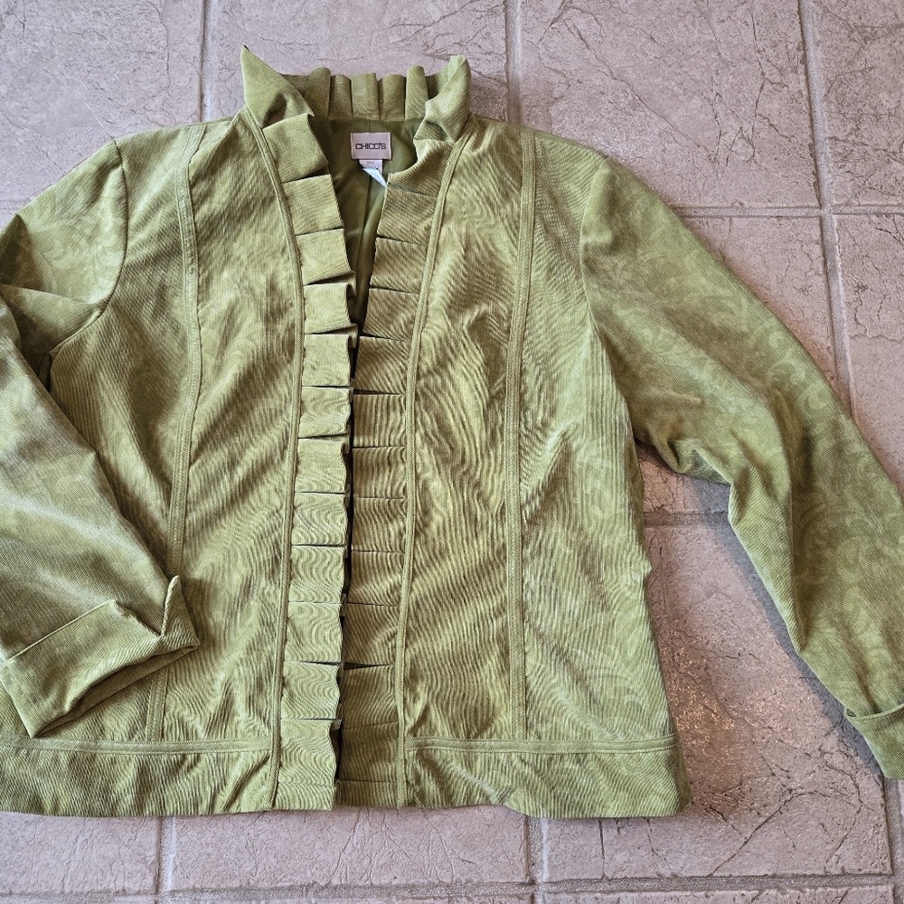 Chicos Celedon Green Ruffle Jacket M Open Front